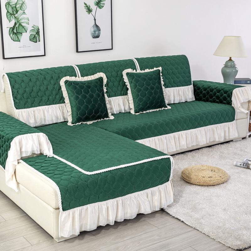 Winter Dark Green Solid Color Plush Lace Skirt Sofa Cushion Modern Simple Living Room Combination Sofa Cushion Cover