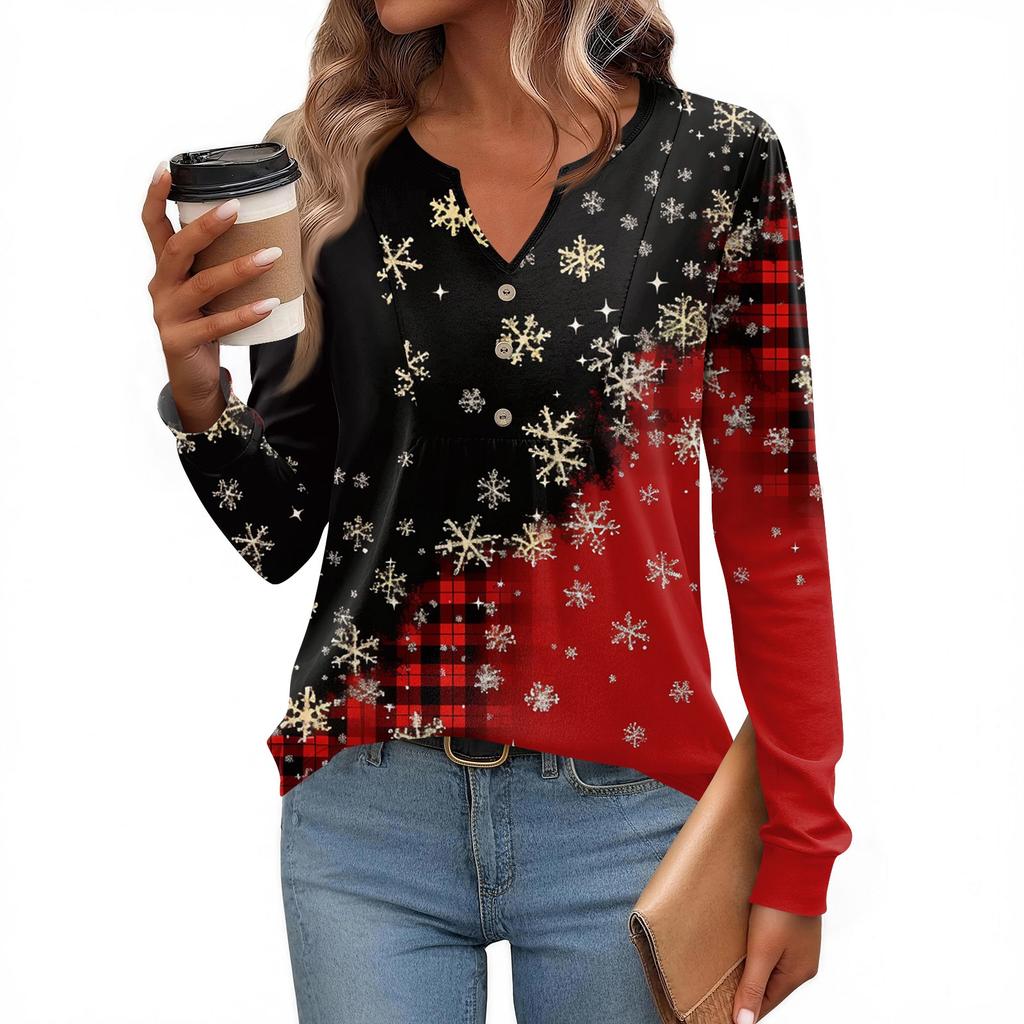Women's Fashionable Casual V-neck Blouse Button Christmas Printed Long-sleeved Pullover T-shirt Top