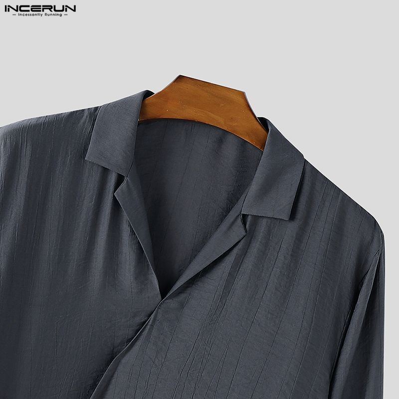 INCERUN Męskie koszule casual z kołnierzykiem V, gładkie, z długim rękawem