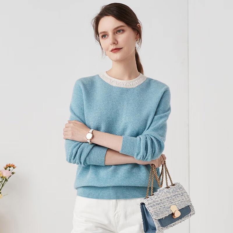 Zhaojun Women's Round Neck Color Block Pure Cashmere Sweater