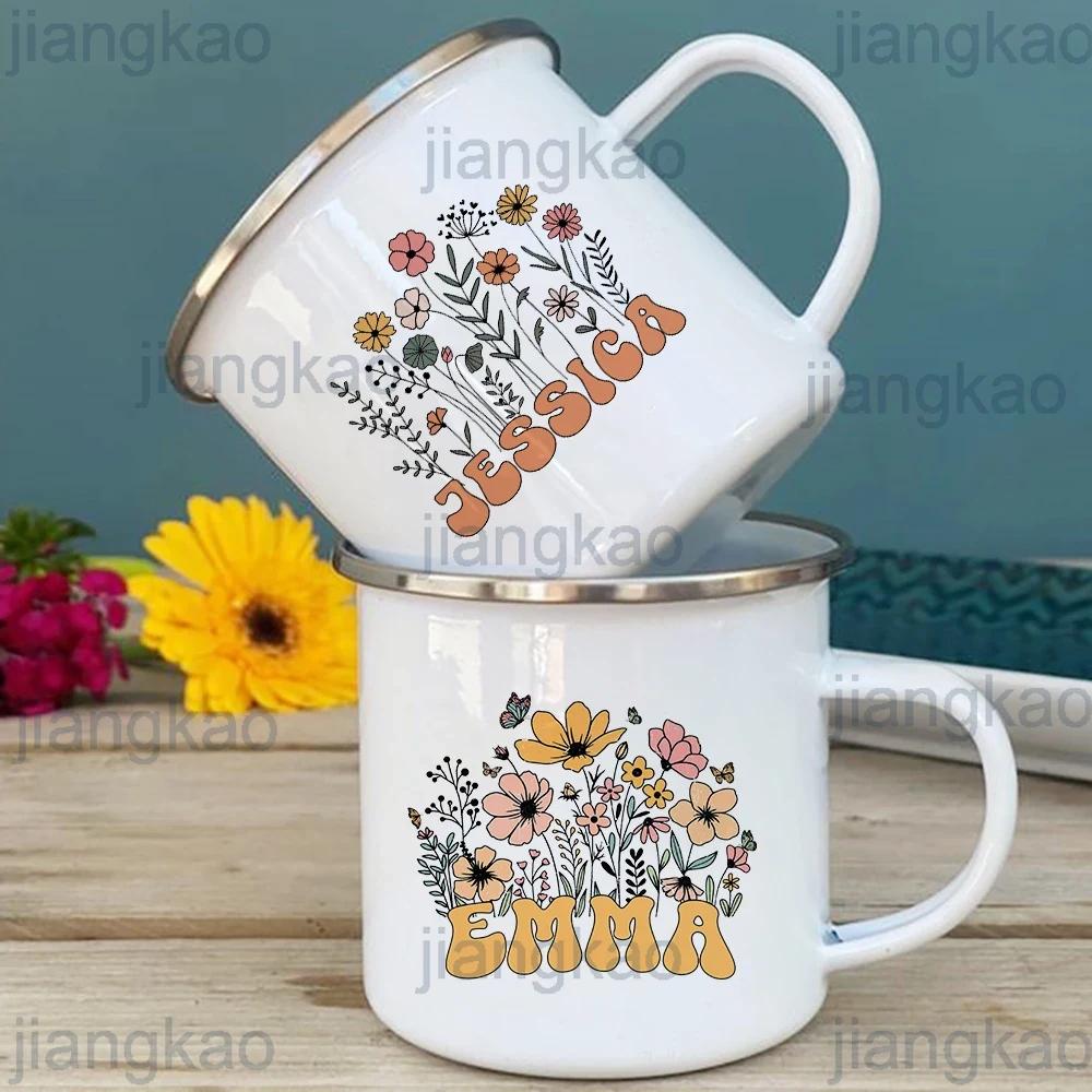 Personalised Flower with Name Coffee Cup Drinks Water Mug Custom Enamel Camping Mug Outdoor Cups Festive Birthday Gift for Her