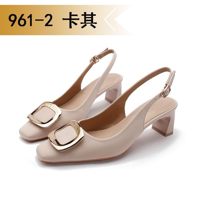 Sandálias Baotou verão salto médio salto grosso estilo fada sapatos de salto único bico quadrado Roman shu saltos altos
