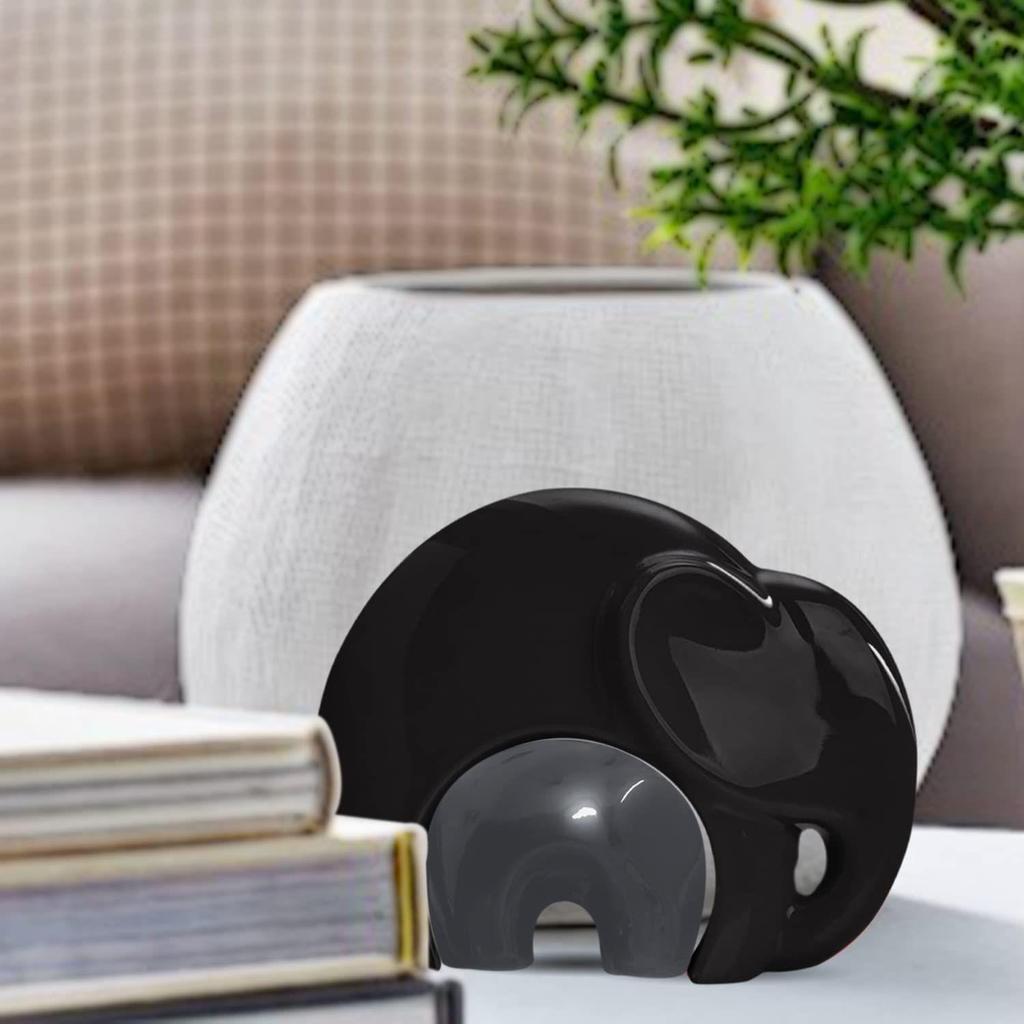 Home Décor Lucky Charm Elephant Mother & Child | Piano Finish Ceramic Figures - (Set of 2 Piece, Black and Grey)