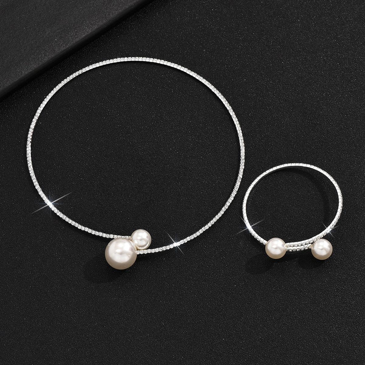 Bridal Wedding Accessories, Imitation Pearl with Diamond Water Diamond Adjustable Collar Necklace Bracelet Set 2026 45CM