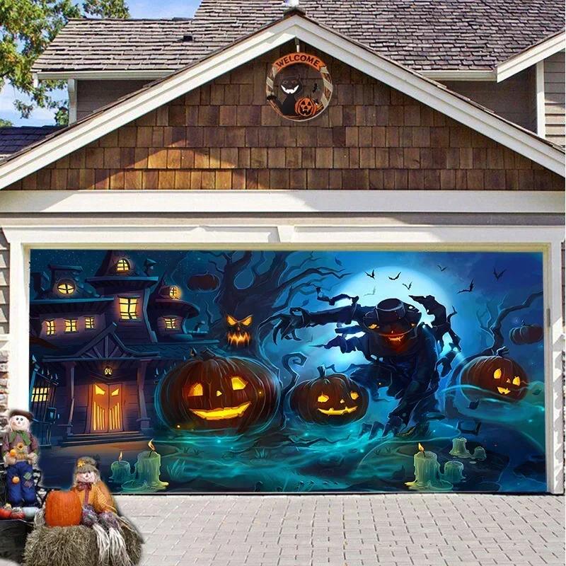 Scary Halloween Backdrop Hanging Banner Tapestry, Garage Door Cover, Indoor Outdoor Wall Decor for Party Scene Arrangement
