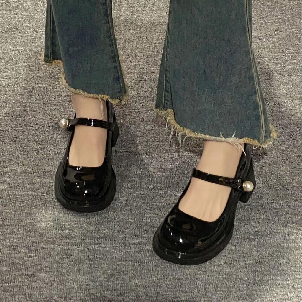 New French retro Mary Jane single shoes round head square heel high thick heel height increase small leather shoes women's Velcro retro