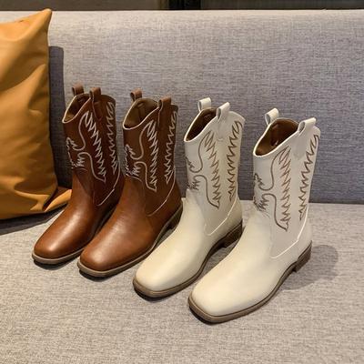 Nouvelles Chaussures d'Hiver pour Femmes Vintage Rétro Broderie Marron Beige Talons Épais Bottes en Cuir Bottes de Chevalier Bottes de Cowboy Western