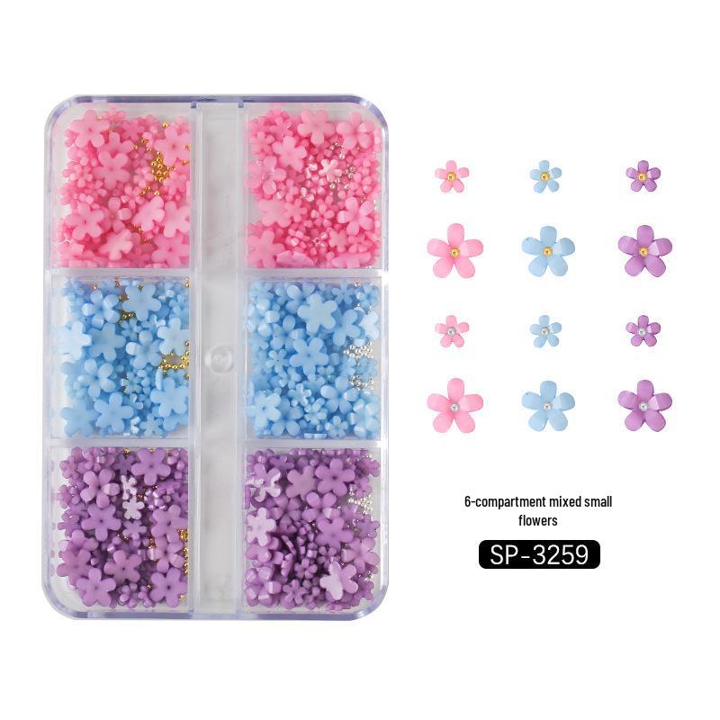 6-Grid Nail Art Set: Resin Mix, Pearls, Steel Beads, Macaron & Candy Color Flowers 3D Decor.