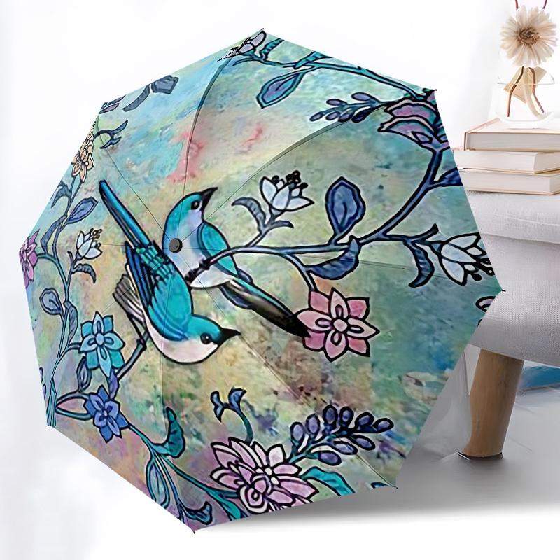 1pc Birds Flowers Automatic Folding Umbrella - Compact 8-Rib Design, Durable Plastic & Iron, Lightweight for Outdoor Daily Use062