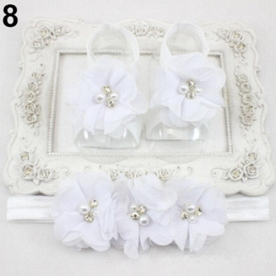 Cute Newborn Baby Infant Girl Rose Flower Headband + Barefoot Ring Sandals Shoes