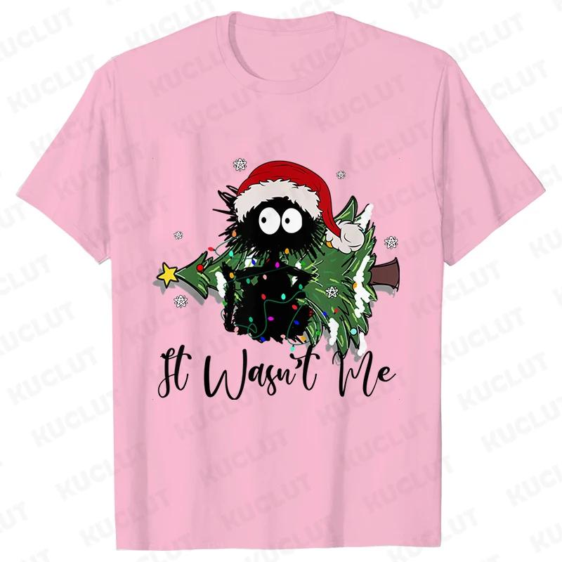 It Wasn's Me Christmas Cat Women's Clothing Christmas Tree Casual Fashion Aesthetics Short Sleeve T-shirt Cartoon Women's T-shirt