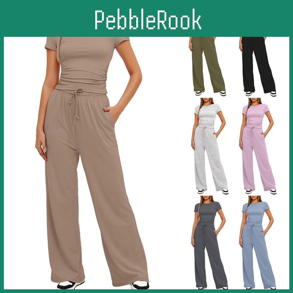 Piece Women Outfits Sets 2 Summer Short Sleeve Ruched Tops And Wide Leg Pants Tracksuit Matching Outfits