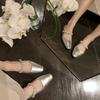 Sheepskin version~ Small square head one-word diamond strap leather shoes inner height increase thick-soled half slippers women's cool slippers
