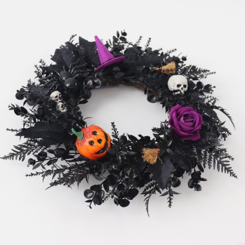 Seasonal Halloween Wreath, 15.7 Inch Black Wall Hanging for Entryway Party Welcome, Porch Use, Window Welcome, and Guest D