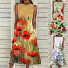 Women Fashion Loose Sleeveless Pocket Long Dress  Print Retro Dress