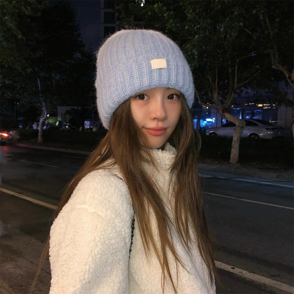 Japanese Style Small Blue Knitted Hat with Large Head Circumference and Face Women's Autumn and Winter Ear Protection Warm Woolen Hat for Men