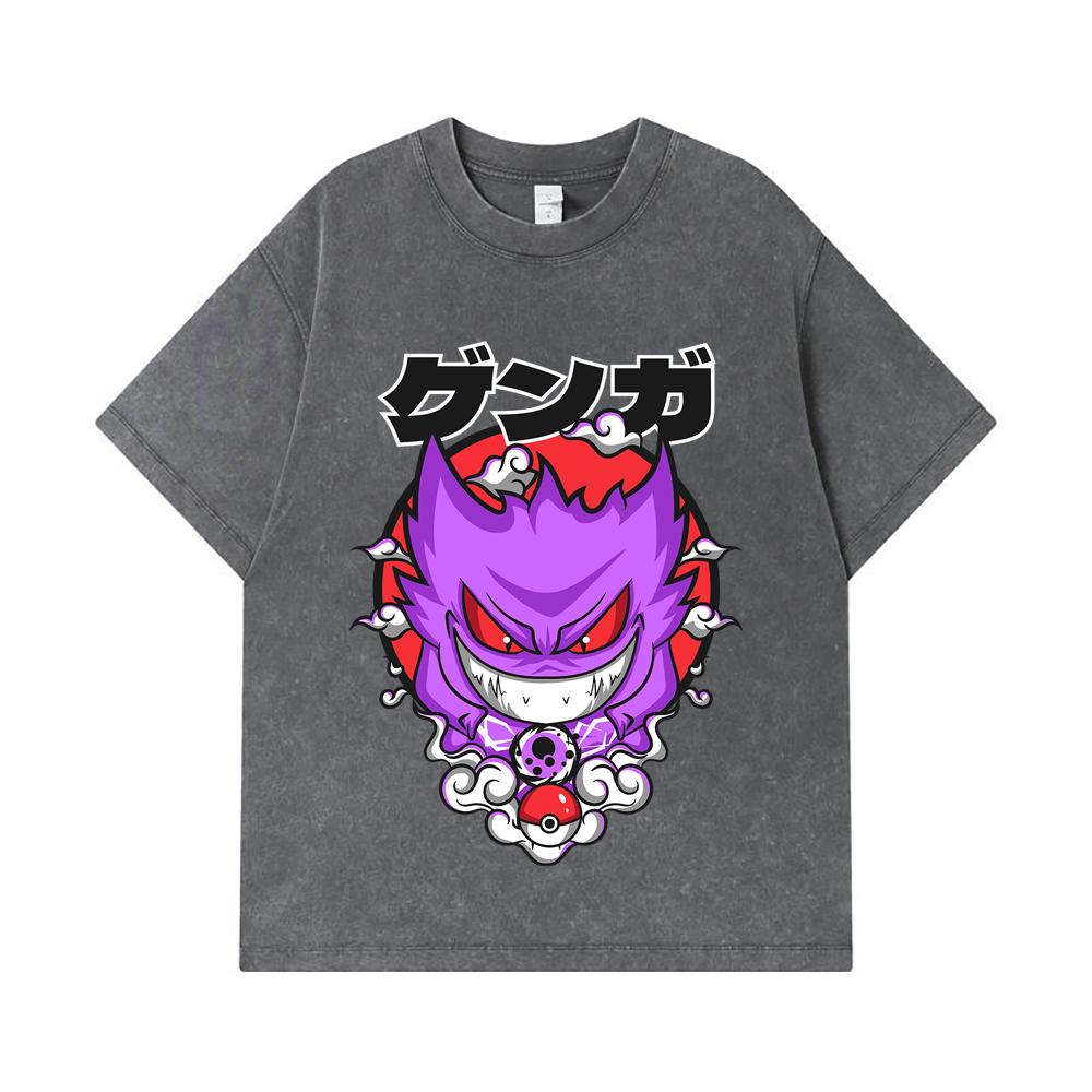 275 GSM Washed T-shirts 100% Cotton Pokemon V10 Gengar Print Unisex Heavy Cotton T Shirt