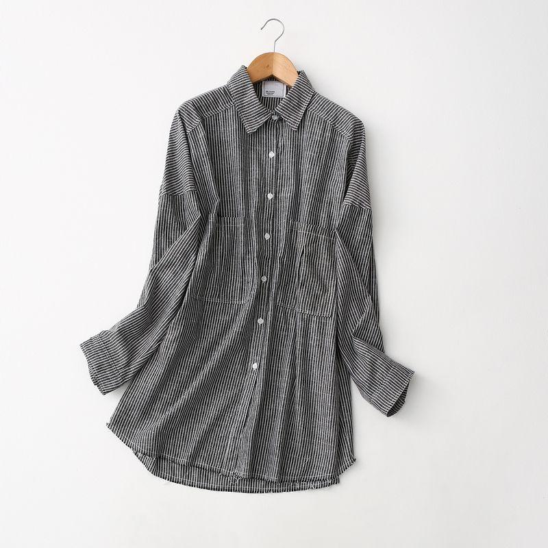 From Cupboard Tail Single Artsy Minimalist Loose Vertical Striped Cotton Shirt Women's Long Sleeve Mid Length Long Length Casual Shirt Spring & Fall