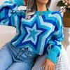 Women Y2K Autumn Winter Contrast Star Long Sleeve Pullover Sweater O Neck Knitted Tops