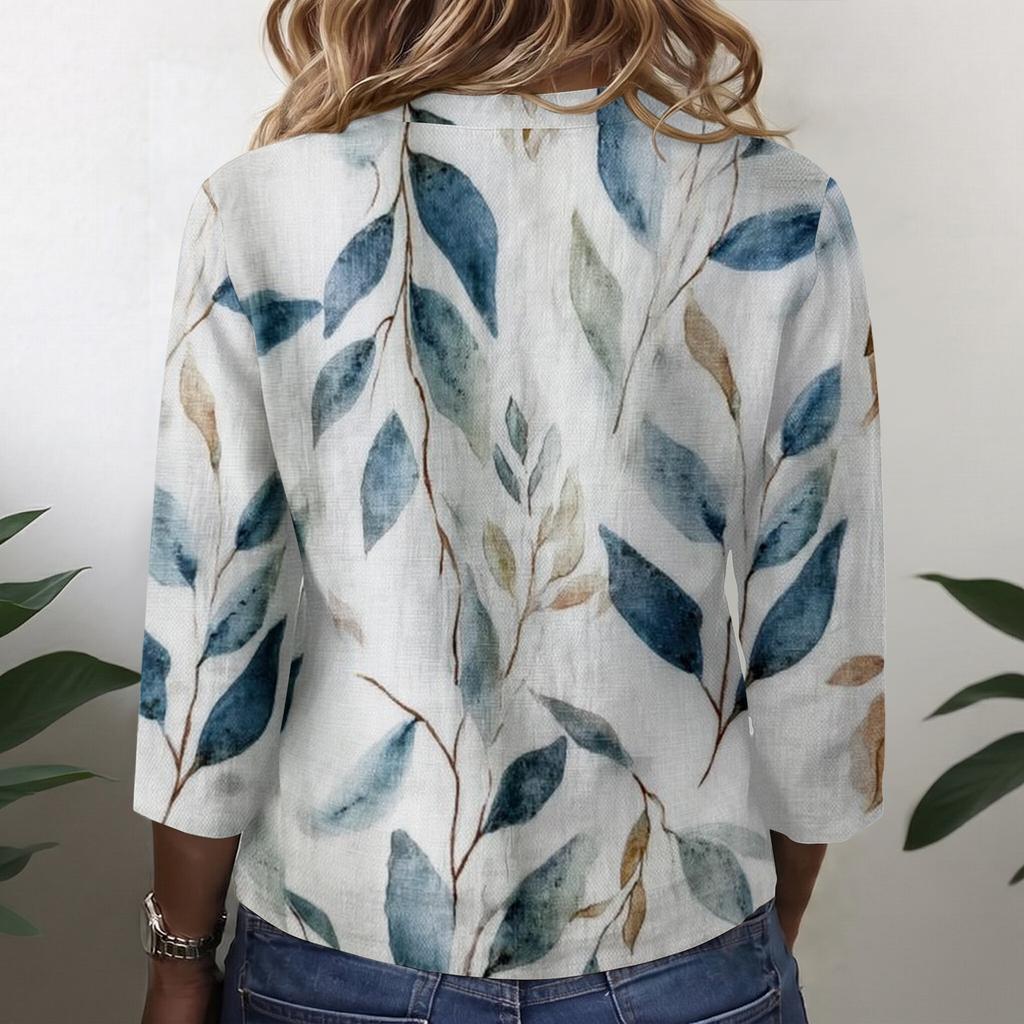 Blouse Vintage pour Femme à Imprimé Floral, Col Rond, Manches Trois-Quarts, Haut Décontracté en Coton et Lin