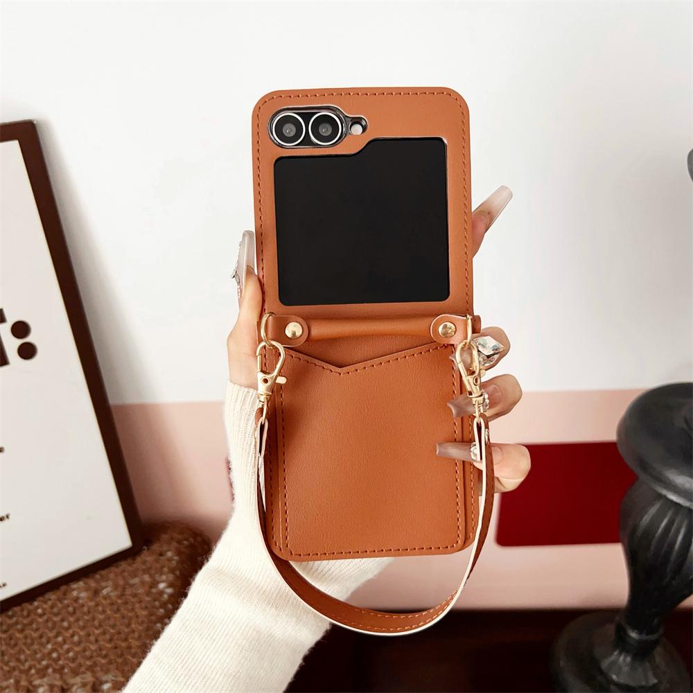 Luxury Leather Card Holder Slot Wrist Strap Case for Samsung Galaxy Z Flip7 6 5 4  Flip6 Flip5 Wallet Lanyard Solid Color Cover
