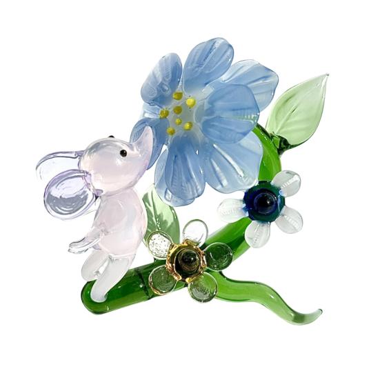Миниатюрная стеклянная фигурка цветка Коллекционная ручная выдувка Цветок с мышью Настольное украшение Подарок на День матери, День рождения, Рождество синий