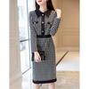 Women's Houndstooth Lapel Long-Sleeve Dress