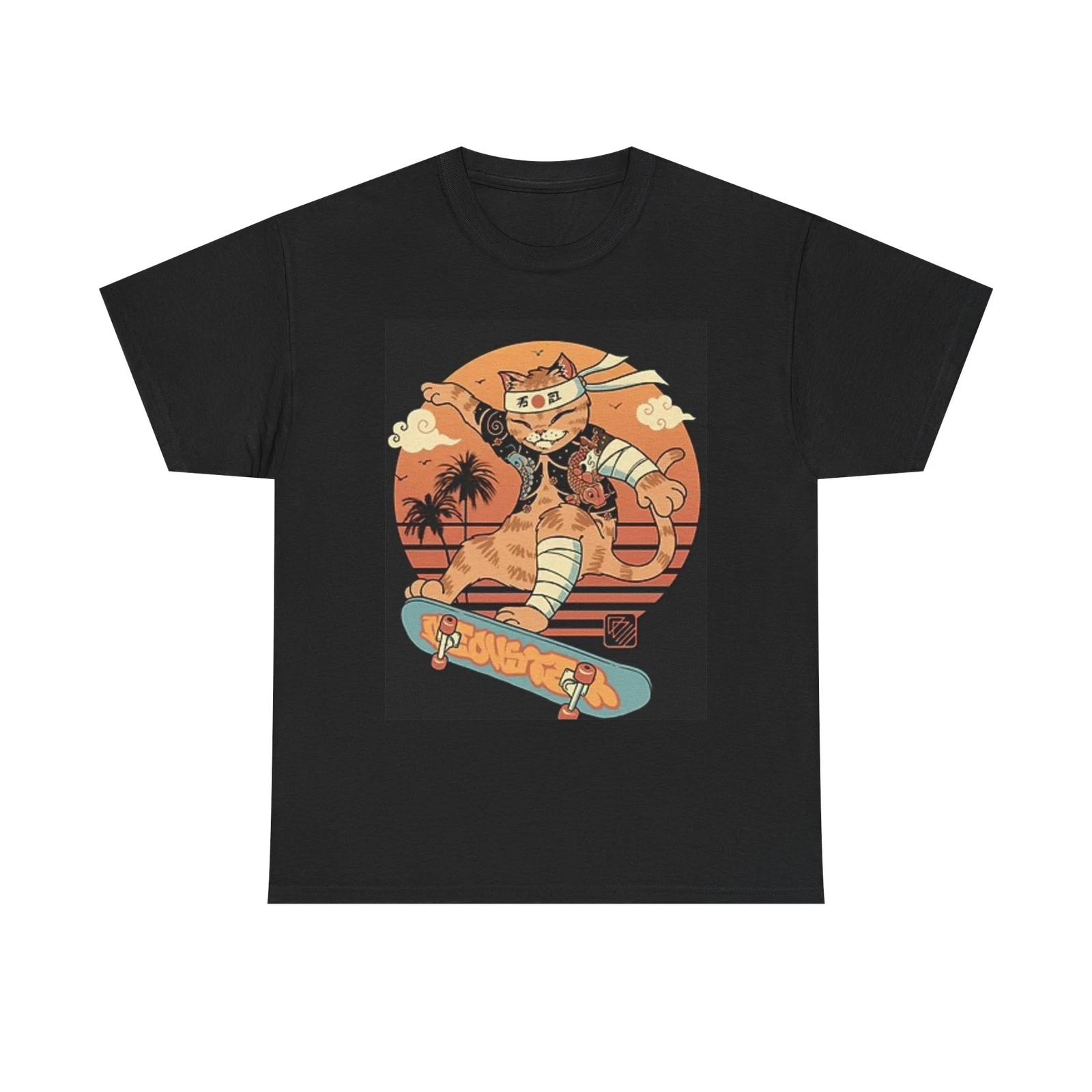 Men s and Women s T-shirts Ninja Skateboarding Cat S