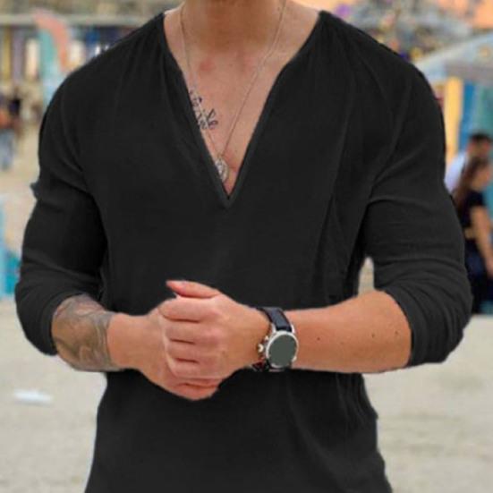 Summer Men T-Shirt Sweat Absorption Solid Color Three-quarter Sleeves V-Neck Loose Fit Shirt Top Streetwear for Men