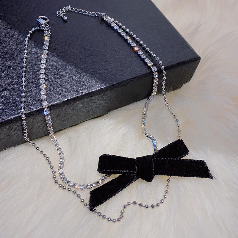 RUI RUI YU Korean Double Layer Black Color Bow-knot Chokers Necklace for Women Exquisite Round Beads Chain Necklace Jewelry
