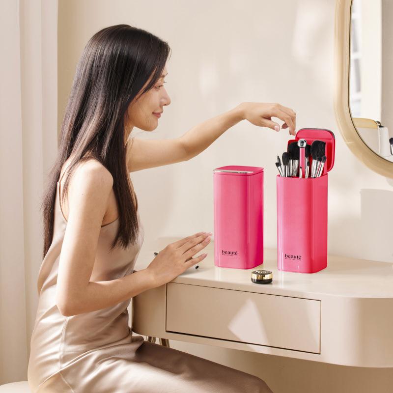 Makeup Brush Holder Organizer, One Touch For Open, Dustproof Make Up Organizer With Lid For Vanity Bathroom Countertop