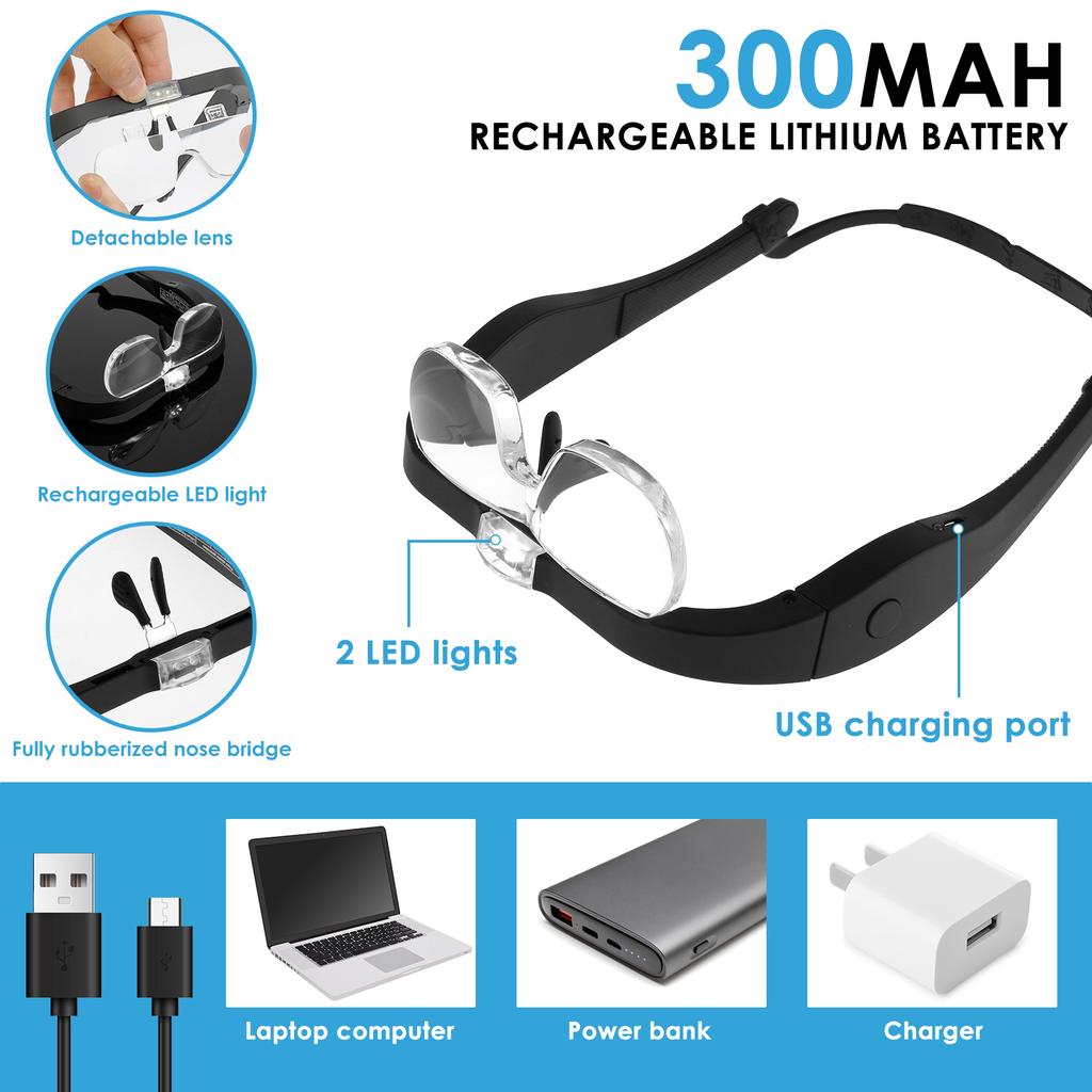 Head-mounted Magnifying Glasses with Light USB Rechargeable Magnifier 1.5X 2.5X 3.5X 5X Magnifier for Reading Watchmaker Repairs