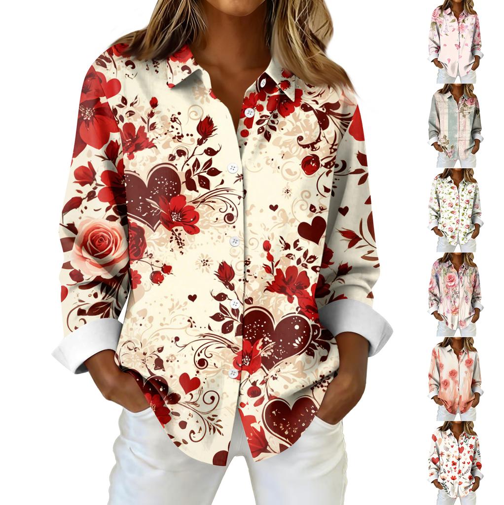 Damen Hemd Bluse Weihnachtsdruck Knopf Langarm Casual Basic Hemdkragen Normales Oberteil
