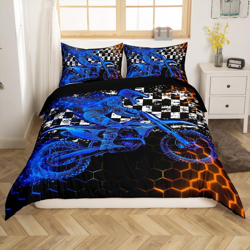 Motorcycle Duvet Cover Set for Boys Men Queen King Size Lightweight Down Room Decor 2 Pillowcases and 1 Duvet Cover No Comforter