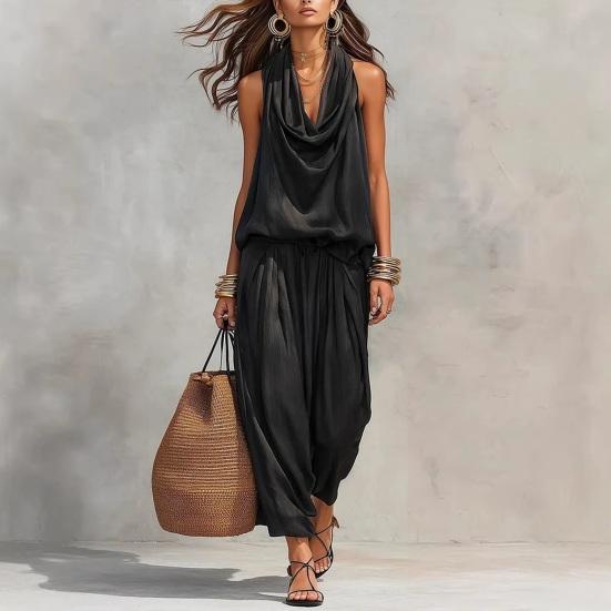 Damen Sommer Zweiteilige Sets Trägerloses Oberteil mit Wasserfallausschnitt und Crop Pants Passende Sets