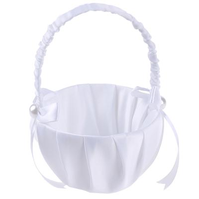 White Satin Beaded Wedding Flower Girl Basket Bowknot Decor