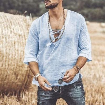 Sommerhemd für Herren, mit Schnürung, V-Ausschnitt, mittellange Ärmel, lockerer Pullover in reiner Farbe, Retro, Alltagskleidung, schnelltrocknend, dünn, lässig, mittellanges Oberteil
