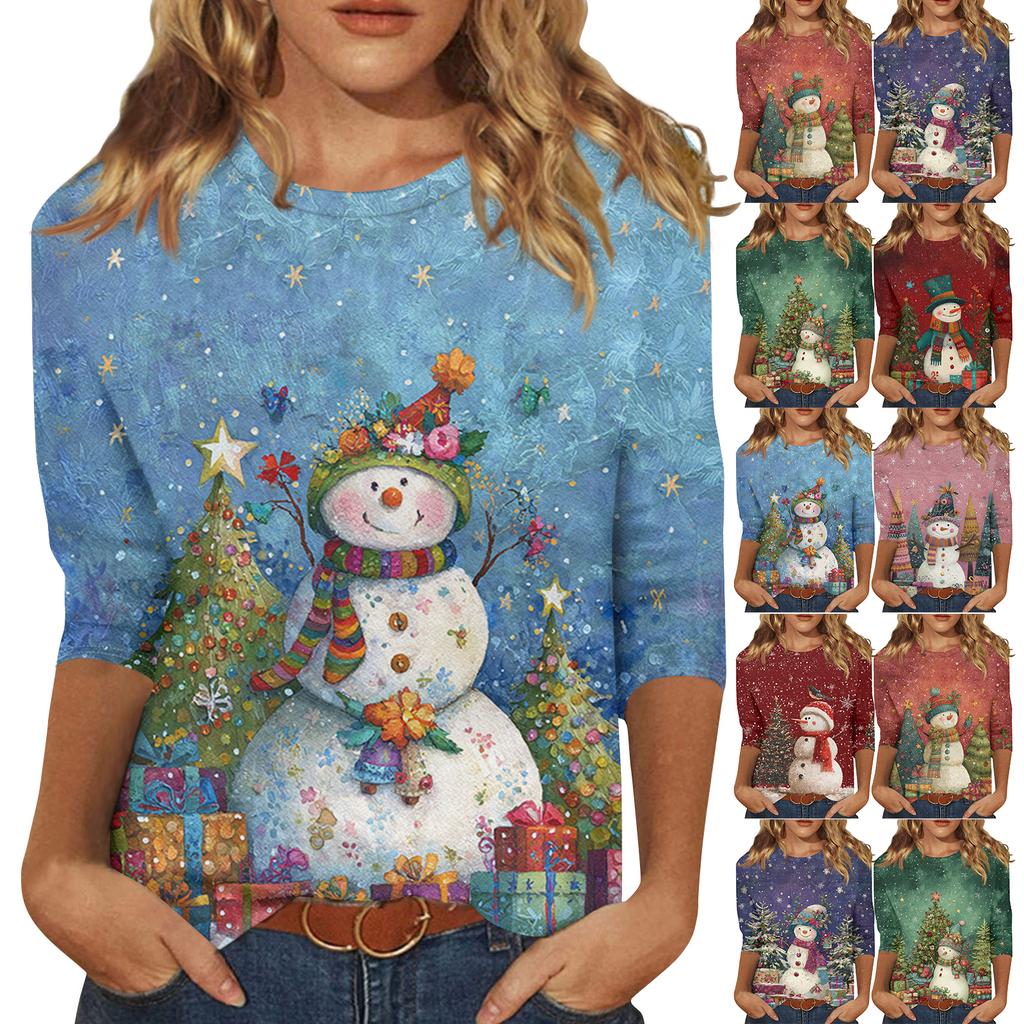 3/4 Sleeve Shirts For Women Print Christmas Tees Blouses Casual Plus Size Basic Tops Pullover