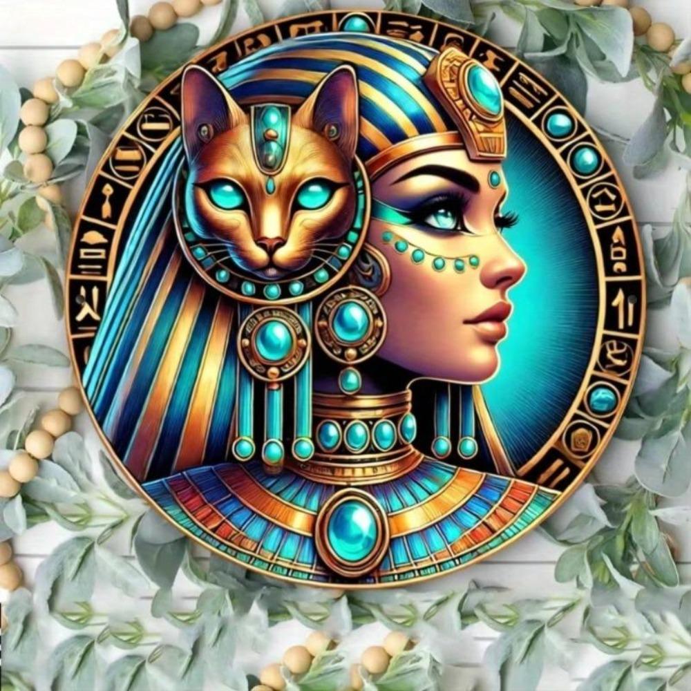 Vintage Bastet Kat Metalen Wandkunst Egyptische Godin Decoratie met Hiërogliefen