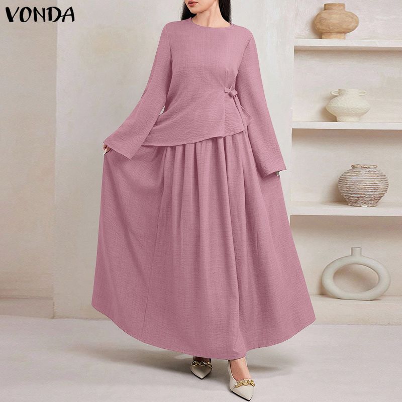 VONDA Women O Neck Long Sleeve Casual Loose Pleated Layers Maxi Rufffled Dress Robes