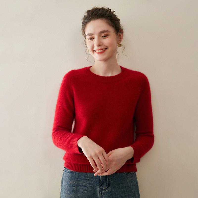 Women's Pure Cashmere Round Neck Sweater - Thickened Knit Pullover, Saddle Shoulder, Autumn/Winter Base Layer.