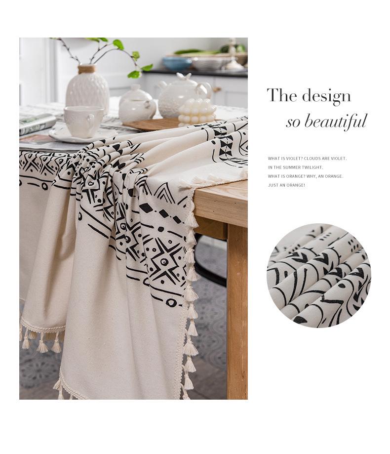 Bohemian Cotton Linen Tablecloth with Tassels – Ethnic Style, Waterproof & Oilproof, Wash-Free Rectangular Design