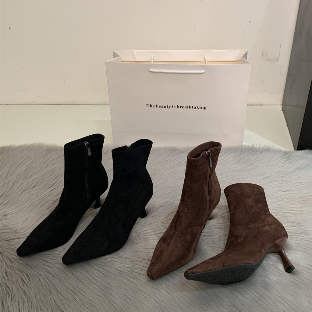 Retro Pointed Cat Heel Short Boots Women's Autumn and Winter Suede Elastic Thin Boots Show Thin High Heel Boots Stiletto High Heel Shoe Temperament