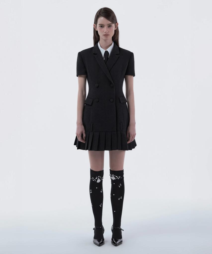 Mausolleum Jenn Pleated Half-Sleeve Suit Jacket Dress - Tweed Black