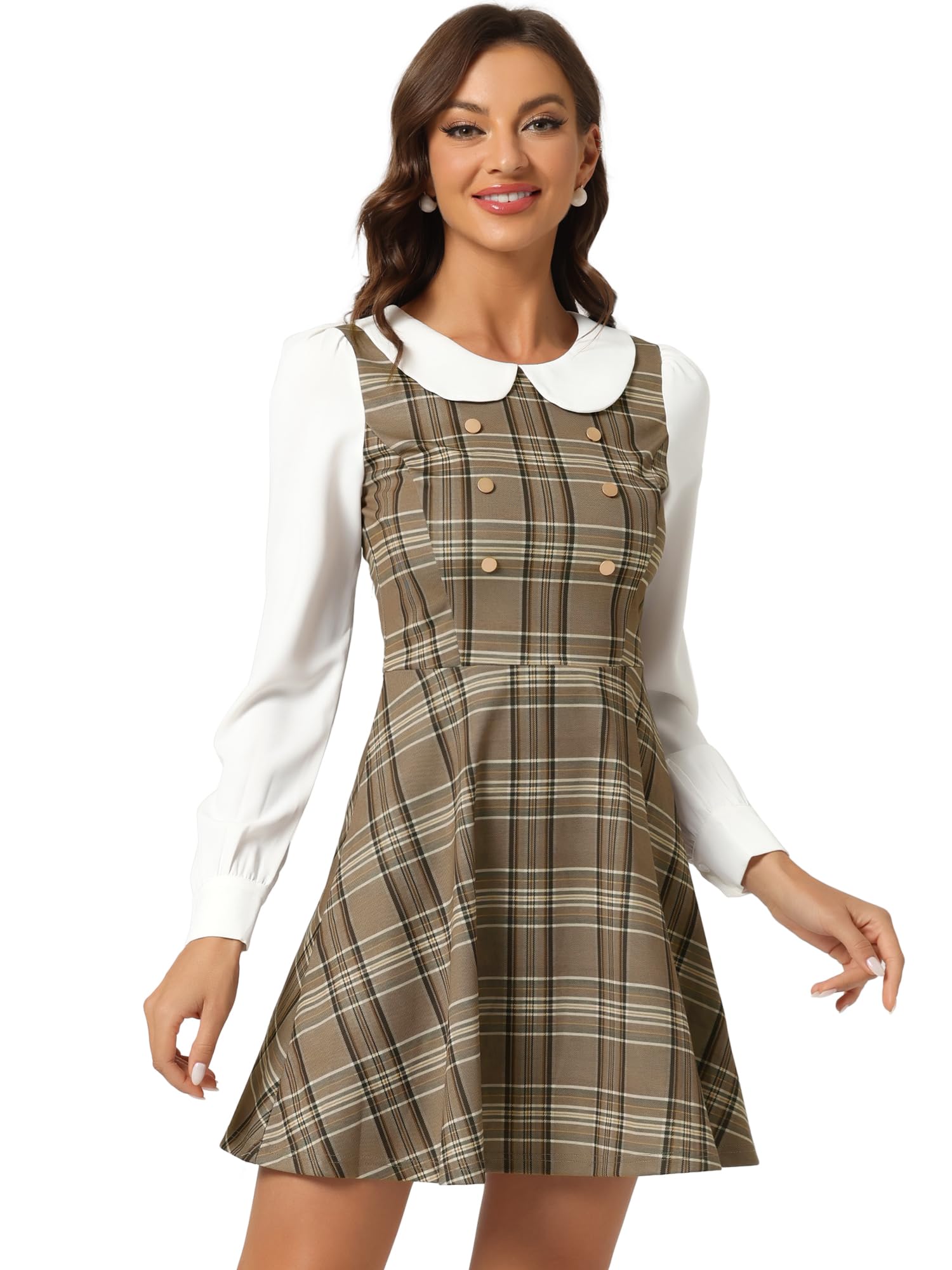 

Allegra K Women s Round Collar Dress, Check Pattern, Button-Decorated, Flared A-Line Mini Dress, Brown, Size L