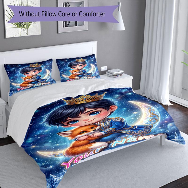 3PC Custom Name "Royal Fox Adventure Night" Bedding Set Duvet Cover Closure Includes 1 Duvet Cover & 2 Pillowcases for Bedroom