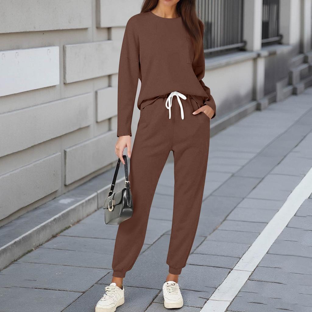Sets For Women 2 Piece Round Neck Long Sleeve Shirts Colid Sweatpants Pocket Sets
