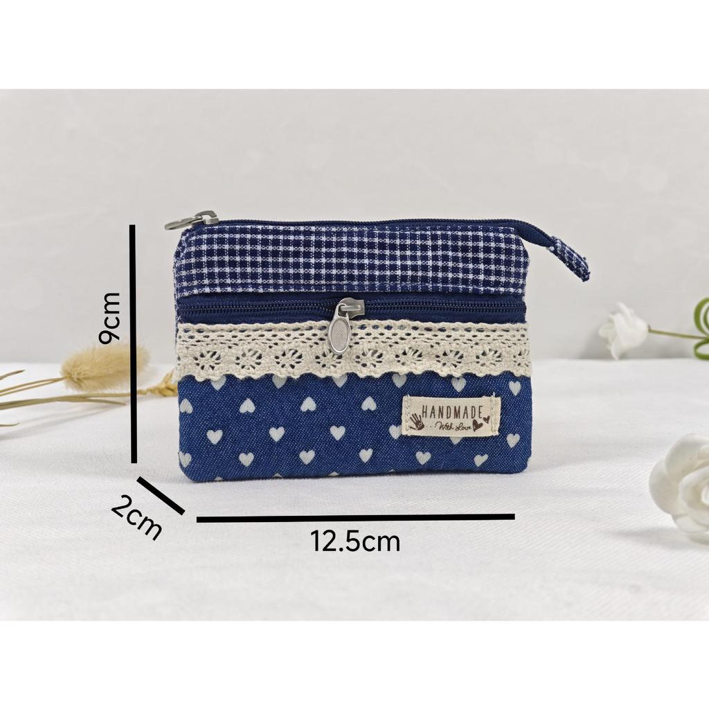 Handmade Countryside Fabric Double Zipper Coin Purse & Key Holder for Women