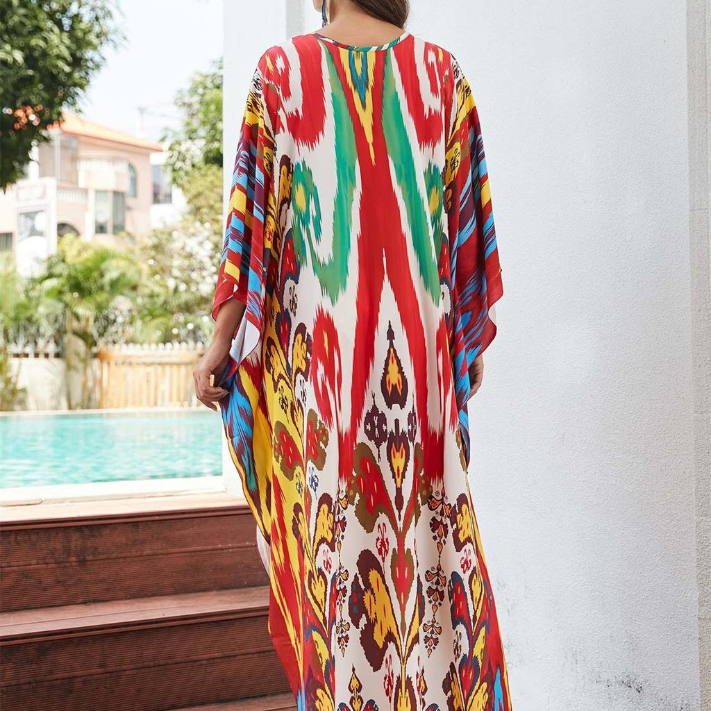 YYFS Damenmode Urlaub Sommer Frühling Blumenmuster Druck Langarm V-Ausschnitt Freizeitkleider