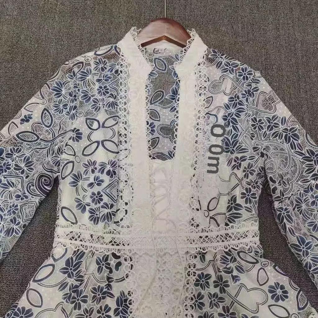 Autumn 2023 Embroidered U-Neck Lace Lantern Sleeve Dress for Women